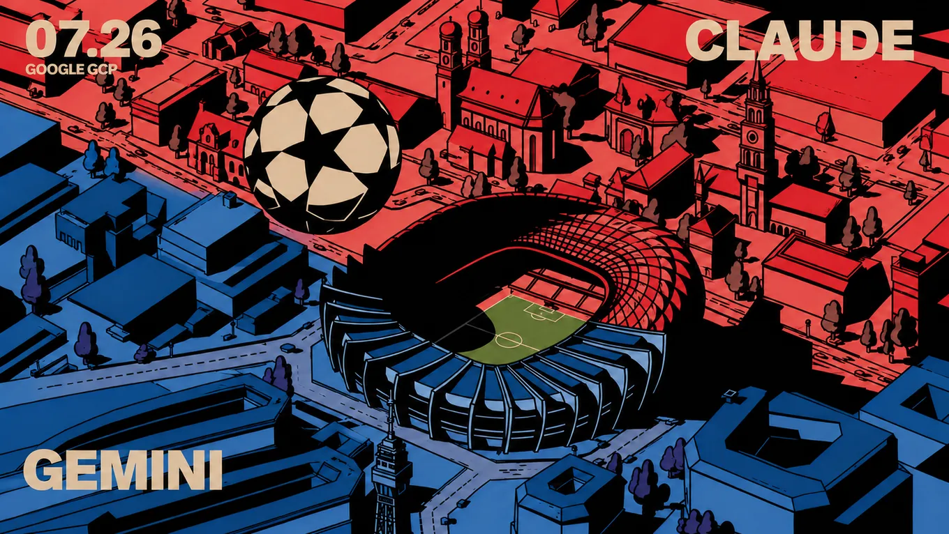 Isometric stadium and giant match ball over a split red-and-blue city